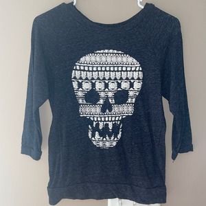 Women's Gray White Sugar Skull 3/4 sleeve Shirt‎ Size Small